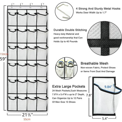 Over The Door Shoe Organizer - 12/24 Grid Large Mesh Pocket Hanging Rack for Closet Storage & Shoe Holder