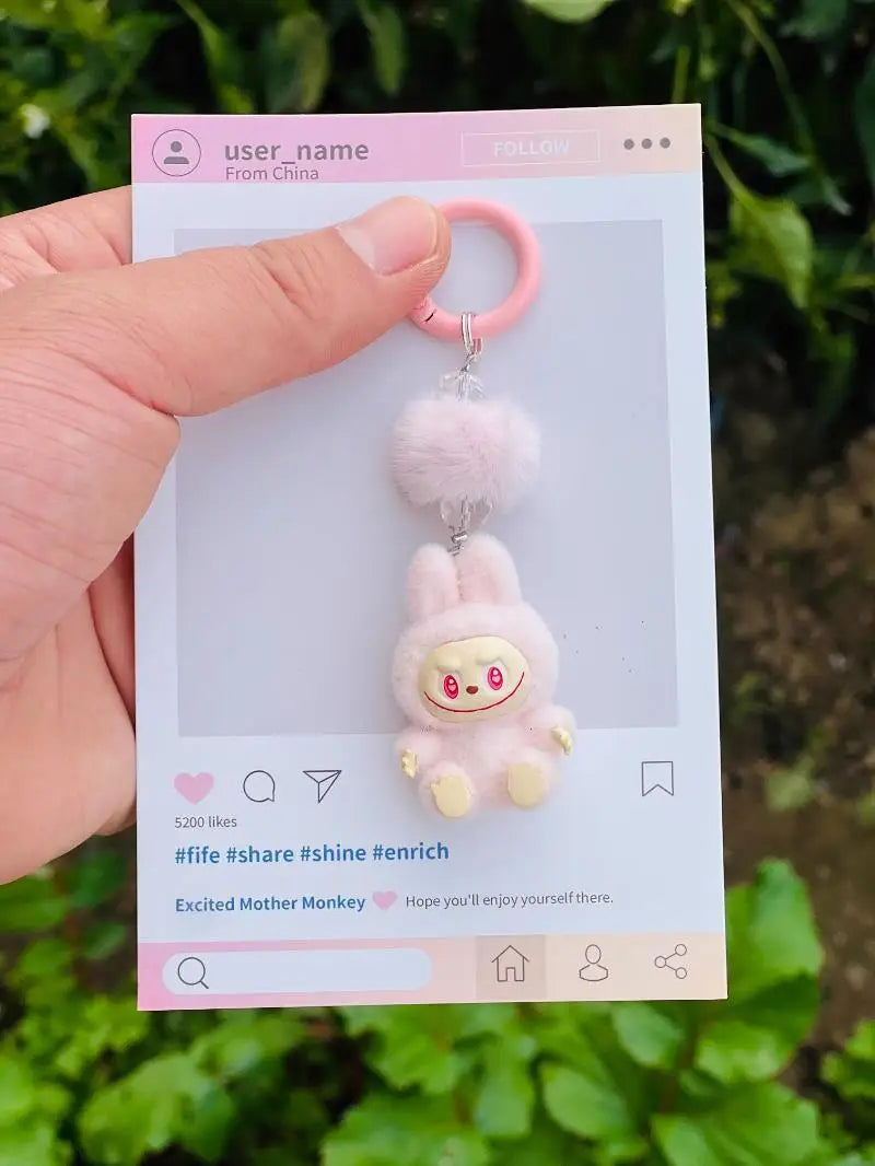 Labubu Mini Flocking Doll Keychain – Standing & Sitting Car, Bag, Phone, Backpack Charm Gift