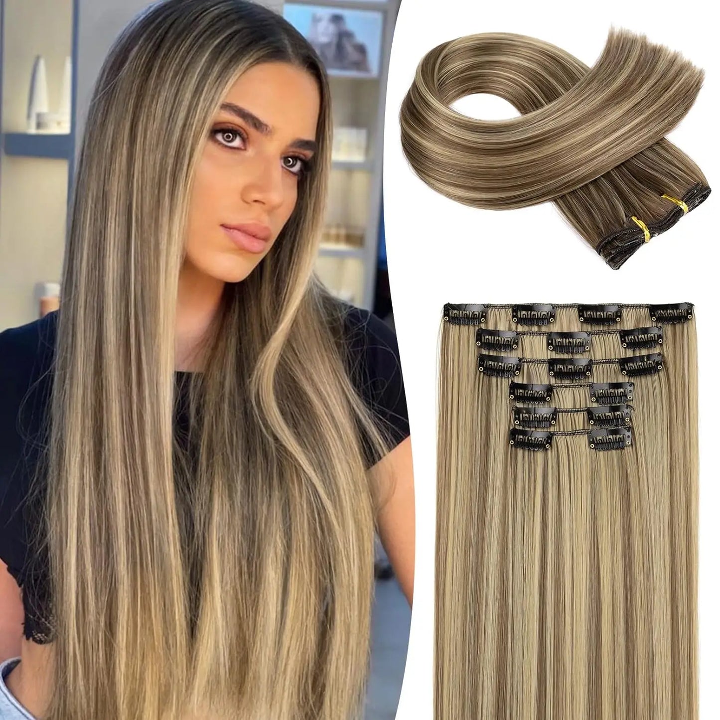 Clip-In Hair Extensions – Thick & Long Lace Weft Synthetic Hairpieces for Women