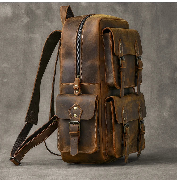 Vintage Crazy Horse Leather Backpack for Men — 17" Laptop Travel Rucksack Cowhide Hiking Bag M815