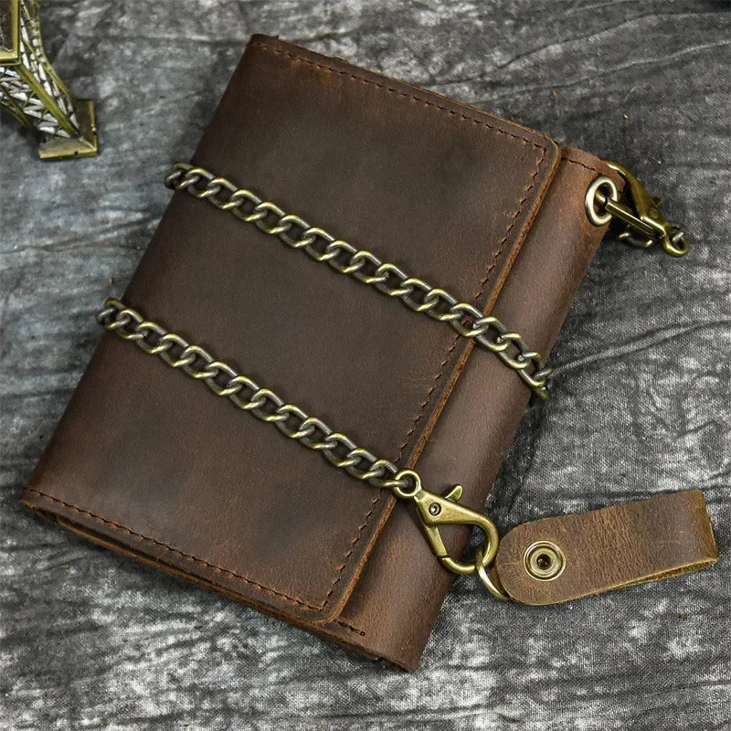 Men's Genuine Leather Short Wallet with Chain – Zipper Clutch, Trifold Purse, Card Holder & Coin Purse for Men