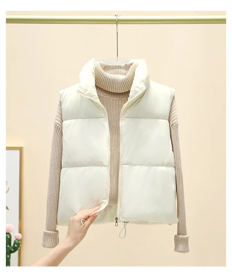 Winter Sleeveless Down Vest for Women – Warm Stand Collar, Zipper Jacket, Quilted Cropped Casual Street Outerwear