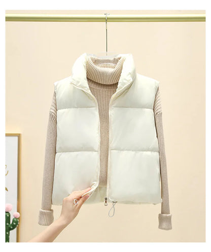Winter Sleeveless Down Vest for Women – Warm Stand Collar, Zipper Jacket, Quilted Cropped Casual Street Outerwear