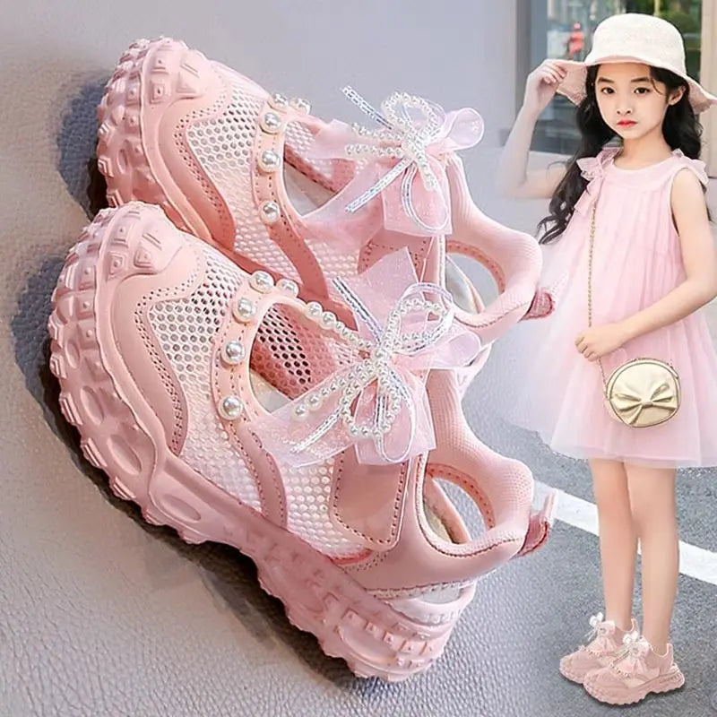 Girls Pearl Mesh Sandals - Summer Princess Shoes with Soft Mesh Design for Children
