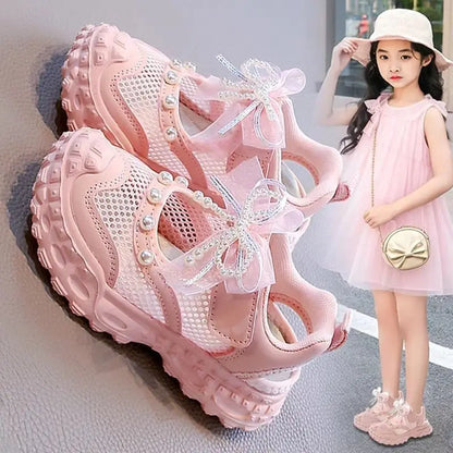 Girls Pearl Mesh Sandals - Summer Princess Shoes with Soft Mesh Design for Children