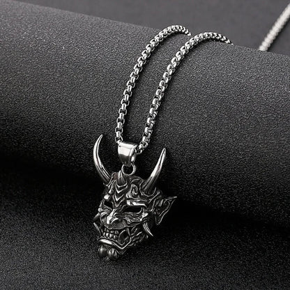 Vintage Punk Demon Mask Samurai Ghost Pendant Necklace — Unisex Long Chain Hip Hop Rock Jewelry, Party Gift Accessory