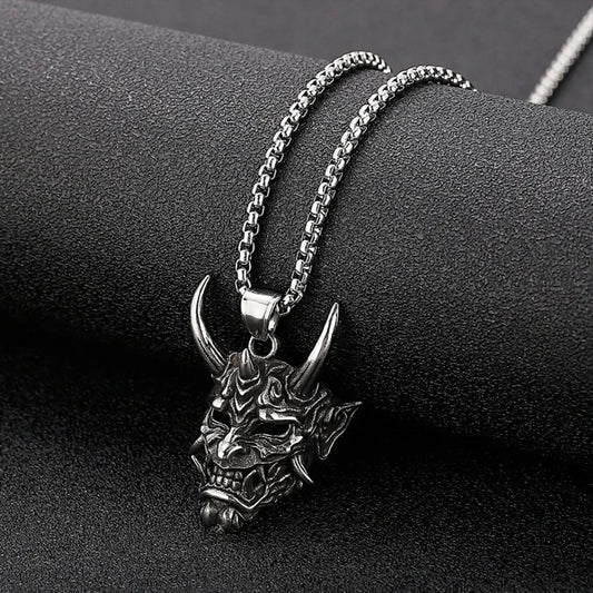 Vintage Punk Demon Mask Samurai Ghost Pendant Necklace — Unisex Long Chain Hip Hop Rock Jewelry, Party Gift Accessory