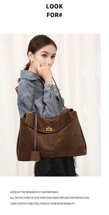 Autumn Winter Suede Leather Tote – Frosted Cowhide High-Capacity Shoulder Kelly Bag