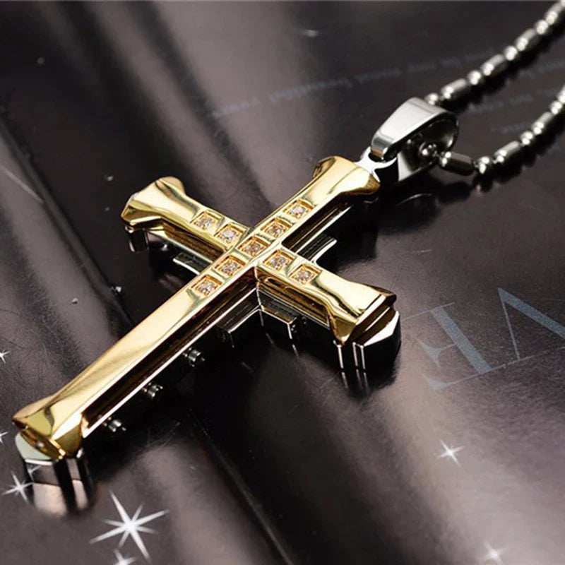2025 Cross Pendant Necklace for Men – Zircon Black Gold Stainless Steel Hip Hop Punk Chain Jewelry, Simple Cool Fashion Gift