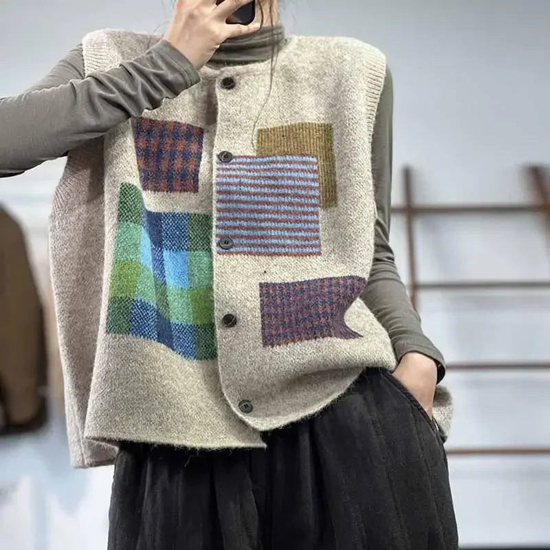 DIMANAF Plus Size Women’s Plaid Sleeveless Vest Sweater – Oversized Casual Loose Vintage Lady Knit Jumper Cardigan