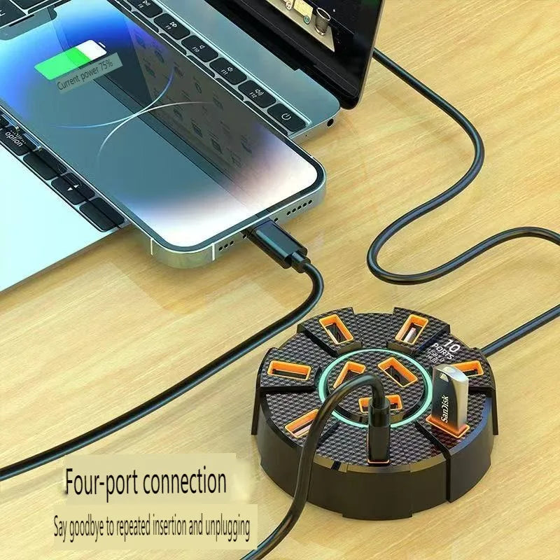 10-Port USB 2.0 Hub Adapter - High-Speed Multi USB Splitter & 7-Port Expander for PC and Laptop