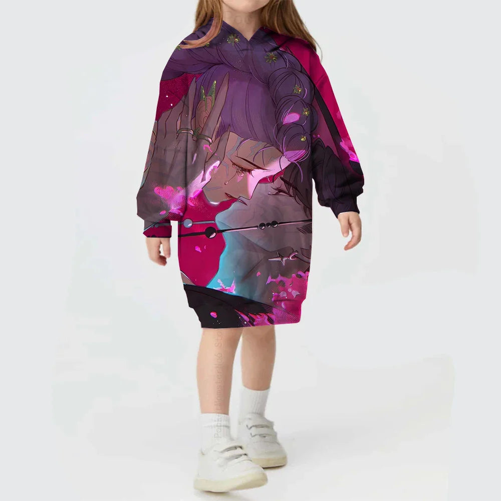KPop Demon Hunters Hoodie Dress — Rumi Cute Cartoon Sweatshirt Pullover for Girls, Long Sleeve Autumn Y2K Sportswear