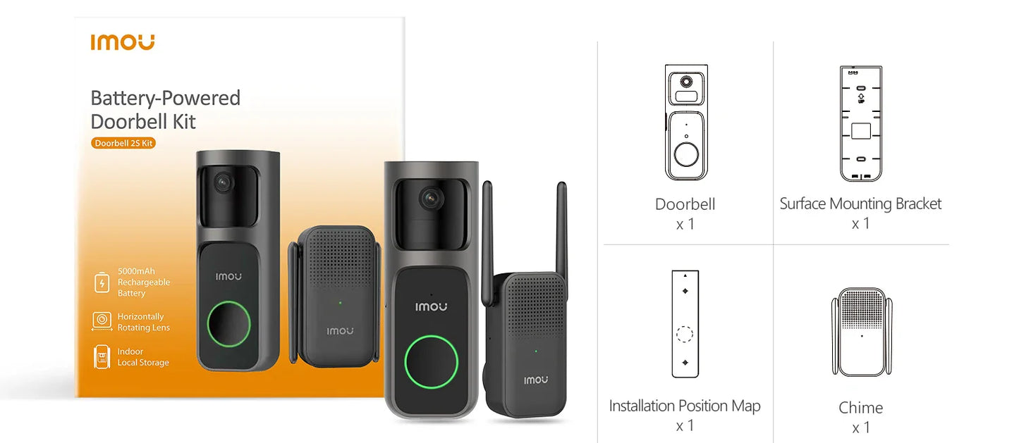 IMOU Video Doorbell 2S – 5000mAh Rechargeable Battery, 30° Pan Lens, Human Detection, Two-Way Talk, Waterproof, 100% Wire-Free with Chime