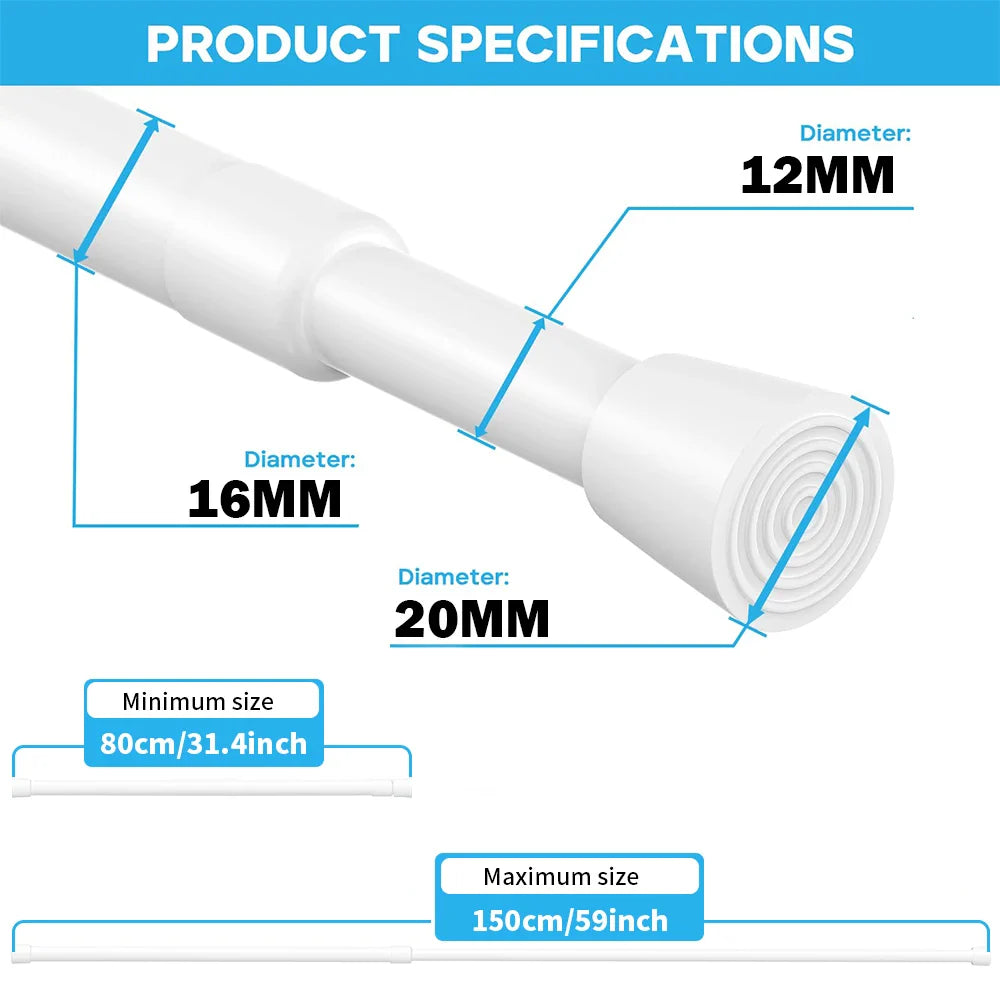 Adjustable Spring Tension Curtain Rods – Durable Extendable Telescopic Poles for Bathroom, Kitchen & Cupboard, No-Drill Installation