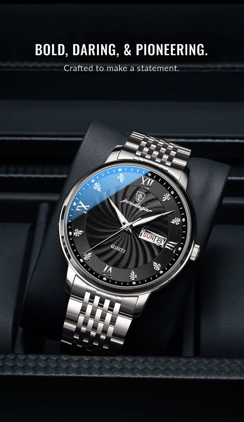 POEDAGAR Luxury Men's Watch — Waterproof Luminous Quartz Wristwatch with Date & Week, Stainless Steel Sports Fashion