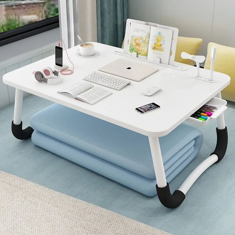 Foldable Laptop Desk for Bed & Sofa – Portable Lap Table with Cup, Book Holder, Drawer, and USB Slot