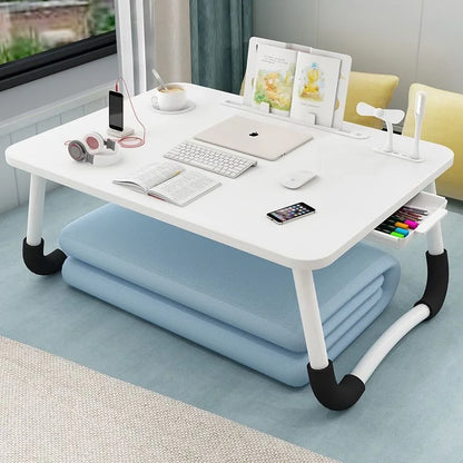 Foldable Laptop Desk for Bed & Sofa – Portable Lap Table with Cup, Book Holder, Drawer, and USB Slot