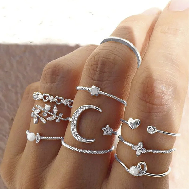 Women’s Silver Crystal Ring Set – Cubic Zirconia Moon, Arrow, Flower & Heart Wedding Fashion Jewelry
