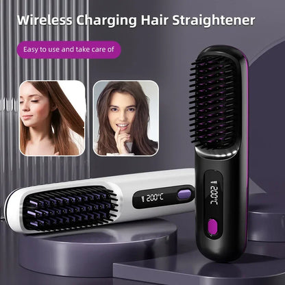 Electric LCD USB Ceramic Hair Straightening Comb – Wireless Portable Negative Ion Rechargeable Styling Brush