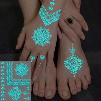 Blue Luminous Glow Henna Temporary Tattoo Stickers – Waterproof Mandala Lace Floral Body Art for Women & Men