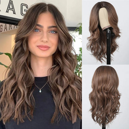 Long Wavy Brown Synthetic Wig for Women – Middle Part, Natural Look, Heat-Resistant Fiber for Daily Wear & Cosplay