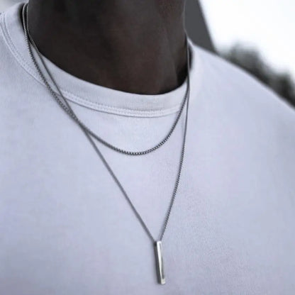 Vnox 3D Vertical Bar Necklace for Men – Layering Stainless Steel Geometric Pendant with Layered Wheat Rope Cuban Chain – Stylish Boy Collar