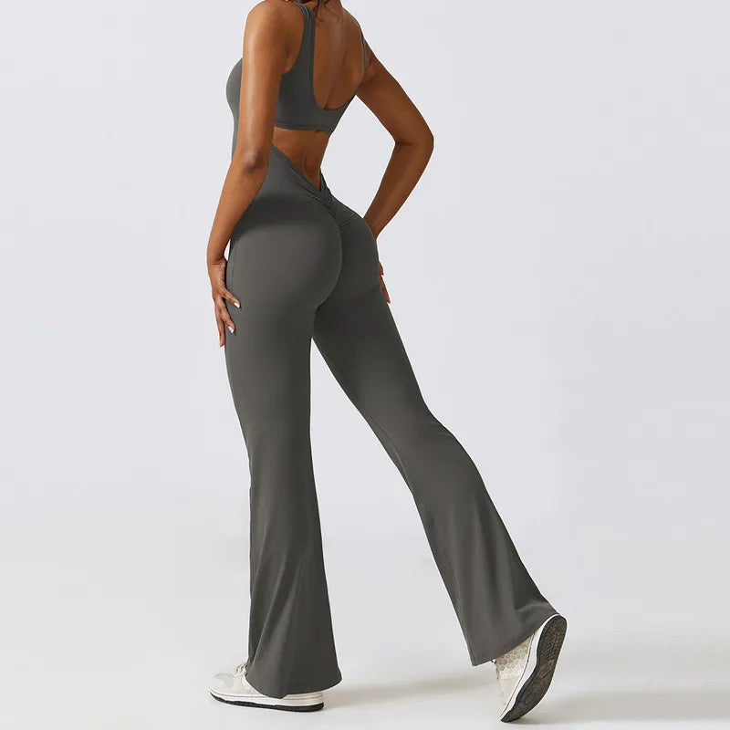 Flaunt Your Style: Sexy Back V Jumpsuit Gym Set - Women's Sportswear, Fitness Rompers for Stretch Workout Bodysuits