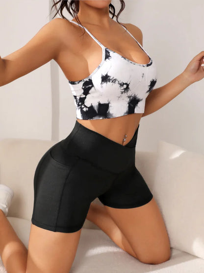 Women High Waist Yoga Biker Shorts - Cross Waist Fitness Shorts with Pocket for Workout & Activewear