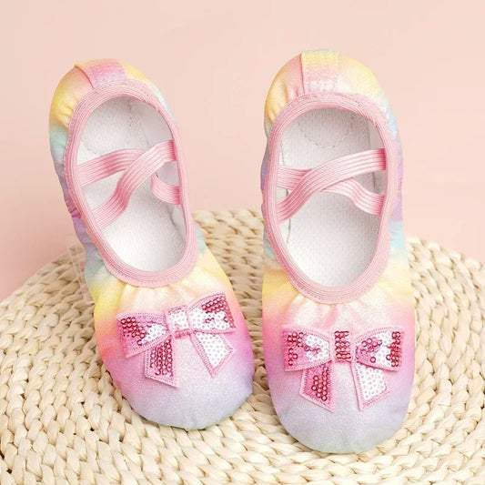 Girls Ballet Dance Shoes — Rainbow Bow Sequin Leather Soft Sole Flats for Performance & Practice