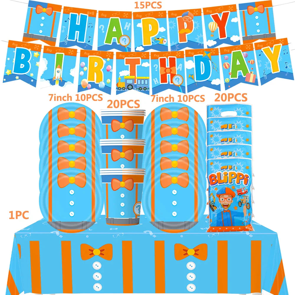Happy Birthday Party Supplies Set — Cartoon Movie Theme Flag Banner, Paper Tableware, Latex Balloons & Cake Topper Decoration