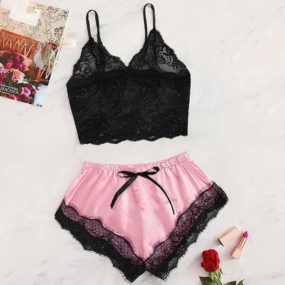 Women's Lace Pajama Set - Sexy See-Through Camisole & Shorts Sleepwear for Summer Comfort