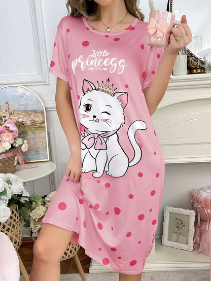 Women's White Cat Print Polka Dot Nightdress with Bow Detail
