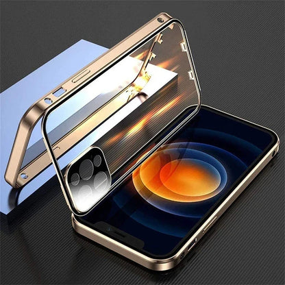 360° Full Protection Magnetic Metal Phone Case - Double-Sided Glass Cover with Lock Buckle for iPhone 11-16 Pro Max