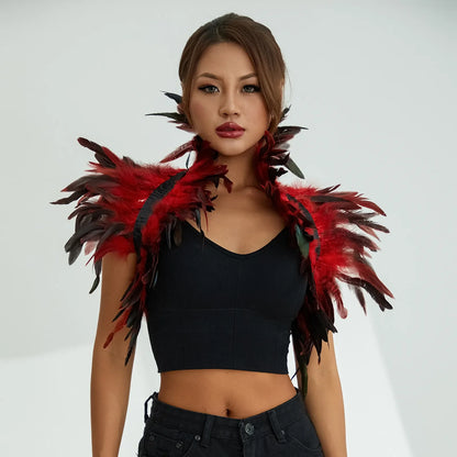 Women's Natural Feather Cape Costume - Gothic Shawl Shrug, Maleficent-Inspired Cloak for Halloween 2024 & DIY Decor