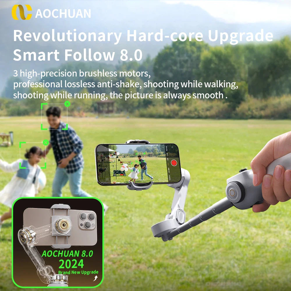 AOCHUAN Smart V8 3-Axis Handheld Gimbal – Phone Stabilizer with Extension Rod, Tripod & Face Tracking for iPhone, Android, TikTok & Vlog