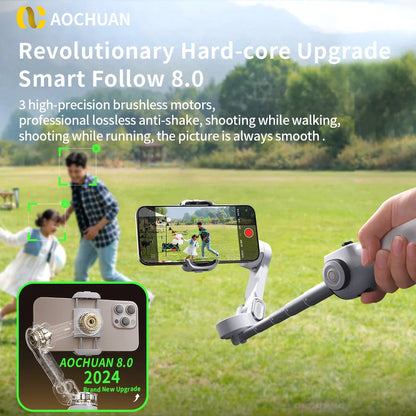 AOCHUAN Smart V8 3-Axis Handheld Gimbal – Phone Stabilizer with Extension Rod, Tripod & Face Tracking for iPhone, Android, TikTok & Vlog