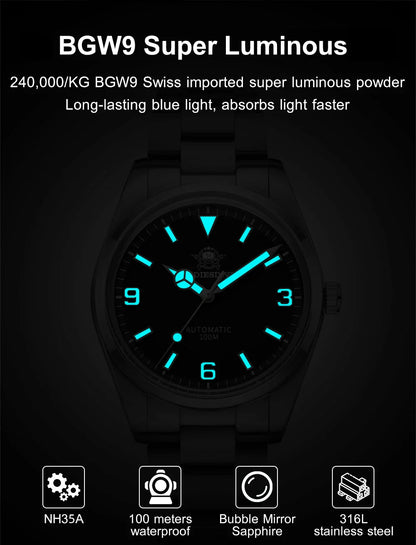 ADDIESDIVE Luxury Men’s Automatic Watch — BGW9 Luminous Bubble Mirror, Sapphire Glass, 100M Waterproof Steel Analog Timepiece