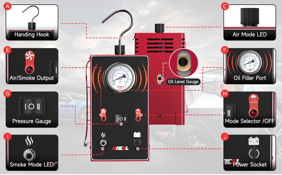 ANCEL S200 EVAP Smoke Leak Detector — Car & Motorcycle Diagnostic Smoke Machine for Vacuum, Oil & Fuel Pipe Leak Detection