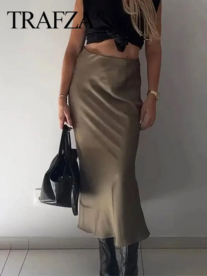 TRAFZA 2024 Y2K Women’s Long Skirt – Elastic High-Waist A-Line Satin Skirt for Spring Casual & High Street Fashion