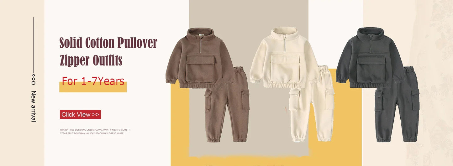 2PCS Kids Clothes Set for 1-7Y - Solid Cotton Pullover Sweatshirt & Pants, Long Sleeve Autumn Outfits for Boys & Girls