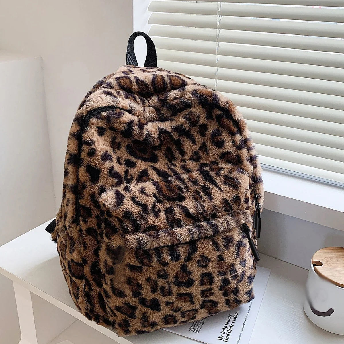 Women's Leopard Plush Backpack - Large Capacity Multi-Pocket Commuter Bag