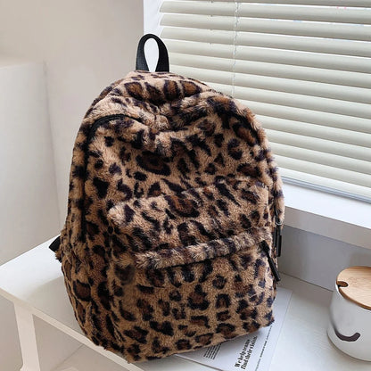 Women's Leopard Plush Backpack - Large Capacity Multi-Pocket Commuter Bag