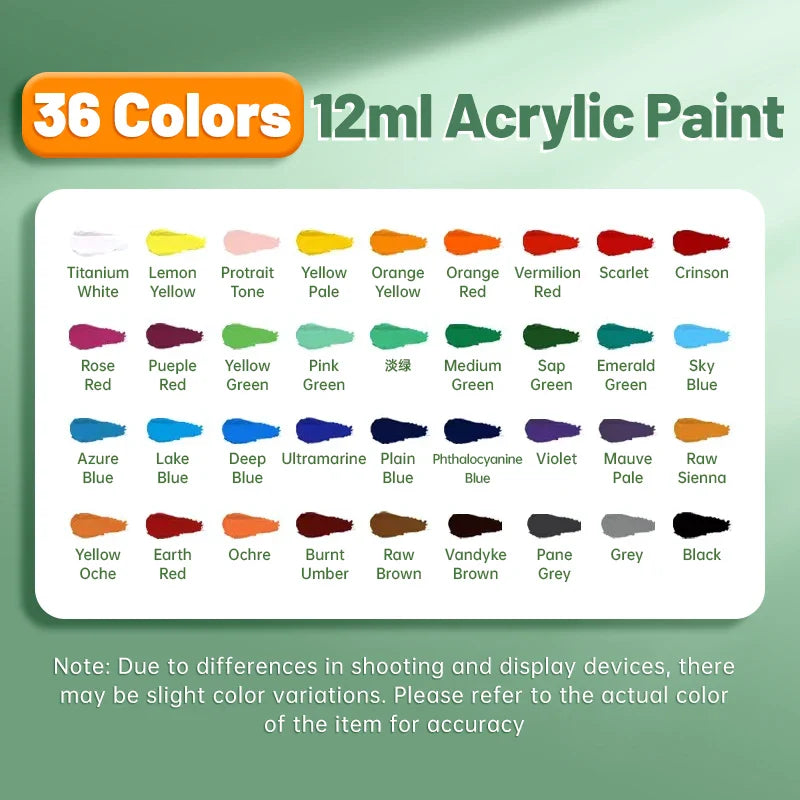 Vibrant Acrylic Paint Set – 12/18/24/36 Colors (12ml) for Paper, Wood, Canvas, Rock, Ceramic, Clothes & DIY Art
