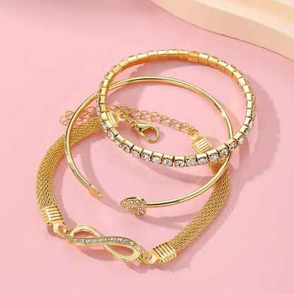 3PCS Vintage Crystal Rhinestone Heart Bracelet Set – Adjustable Infinity Cuff Bangles for Women Fashion Jewelry Gift