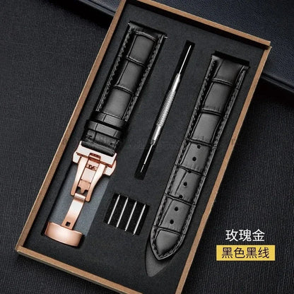 Universal Genuine Leather Watch Band 12–24mm with Butterfly Clasp – Premium Strap for Men & Women (Gift Box Included)