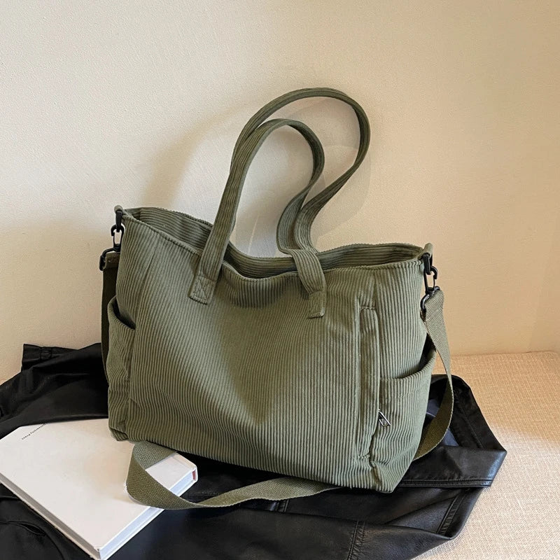 Corduroy Tote Bag - Women's Multi-Pocket Crossbody Shoulder Bag with Adjustable Strap