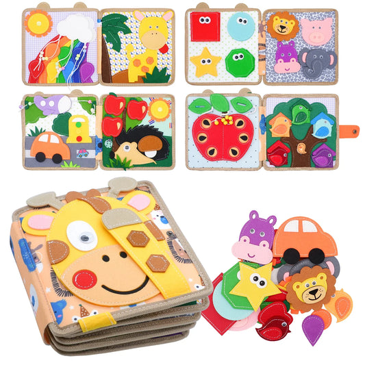 Montessori Busy Book for Kids – Color, Shape & Animal Cognition, Early Education Giraffe Quiet Book, Fine Motor Skills Toy
