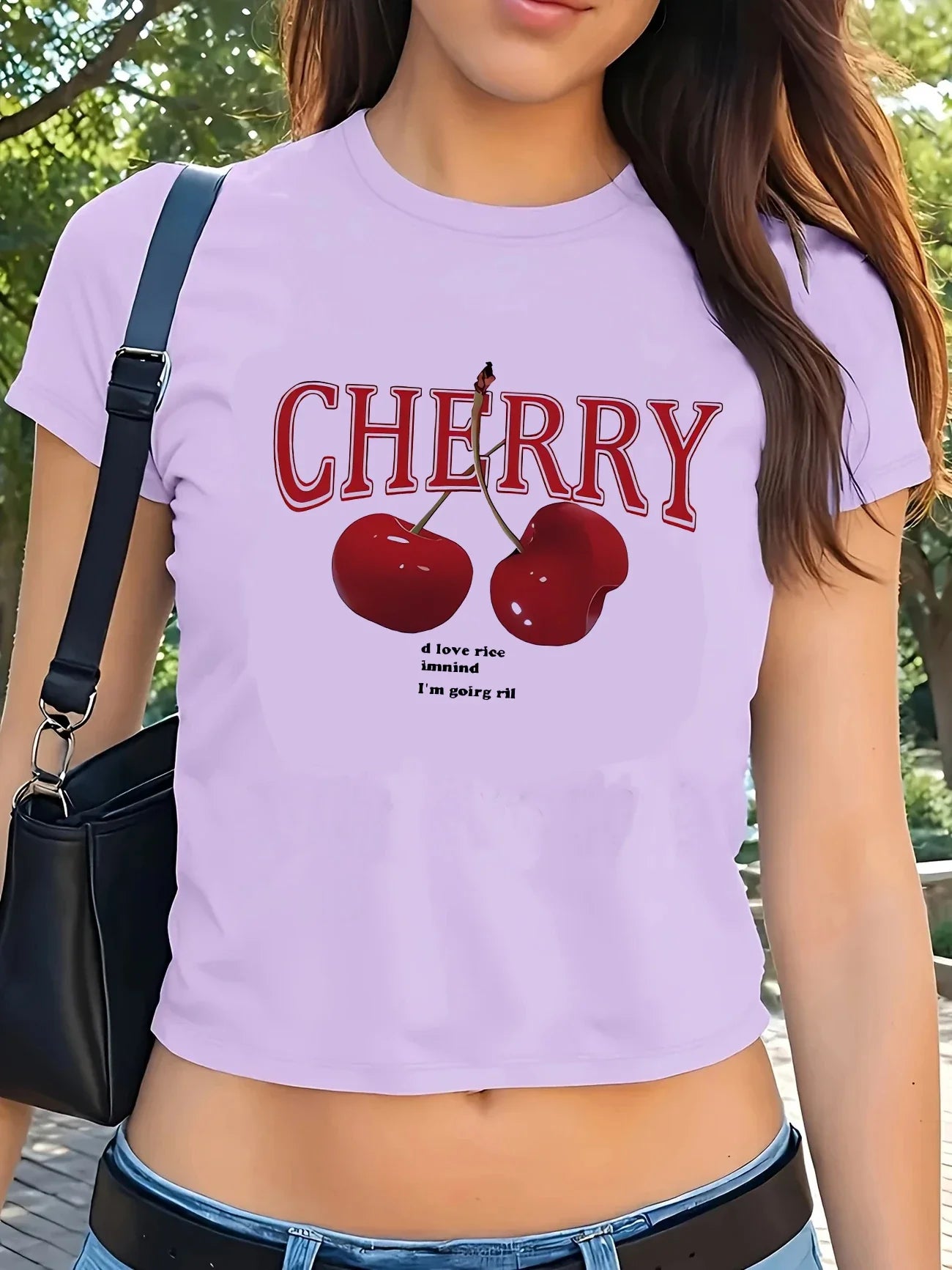 Women’s Y2K Cherry Print Crop T-Shirt – Crew Neck Short Sleeve Tight Fit Summer Fashion Top