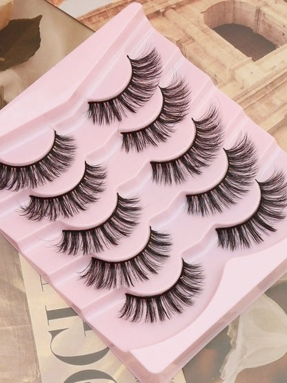 5 Pairs Cat Eye Faux Mink Eyelashes – Winged Long Natural Manga Style False Lashes Makeup Set