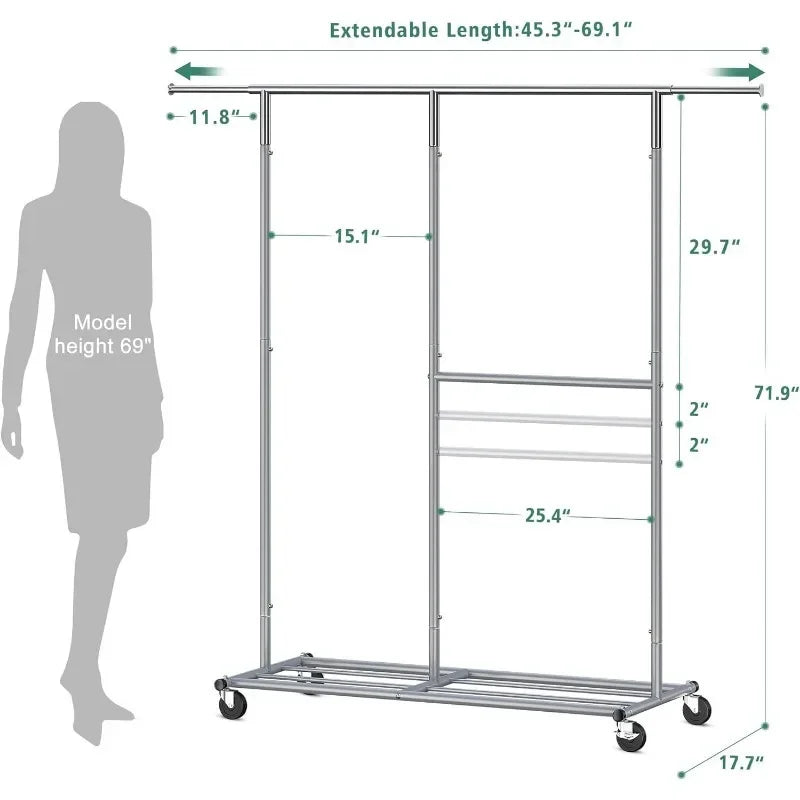 Heavy Duty Rolling Clothing Rack – Portable Clothes Hanger with Wheels for Walk-In Closets